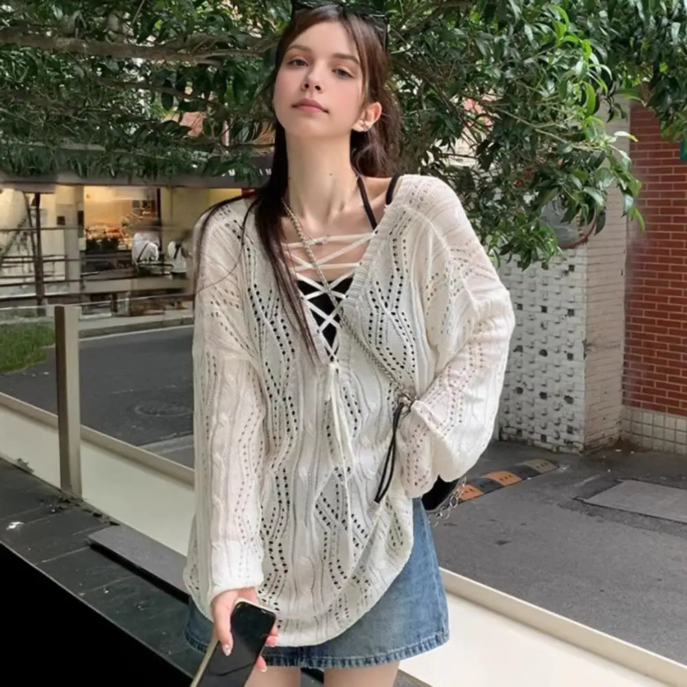 2025 сетчатый винтажный женский свитер с длинными рукавами в стиле Харадзюку, корейский весенне-летний трикотаж, мягкие тонкие топы, шикарный однотонный женский свитер