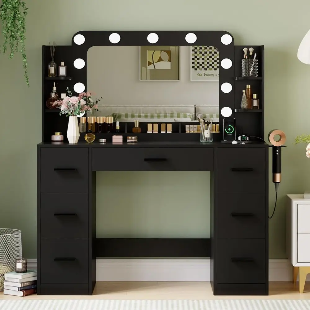 JUMMICO Makeup Vanity Desk with Large Mirror and Lights, Vanity with Power Strip and Hairdryer Holder, 6 Open Shelves and 7 Ders