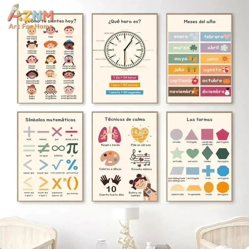 AZNM Spanish Educational Canvas Wall Art Kids Learning Poster Shapes Time Months Math Emotion Unframed Print Homeschool Nursery