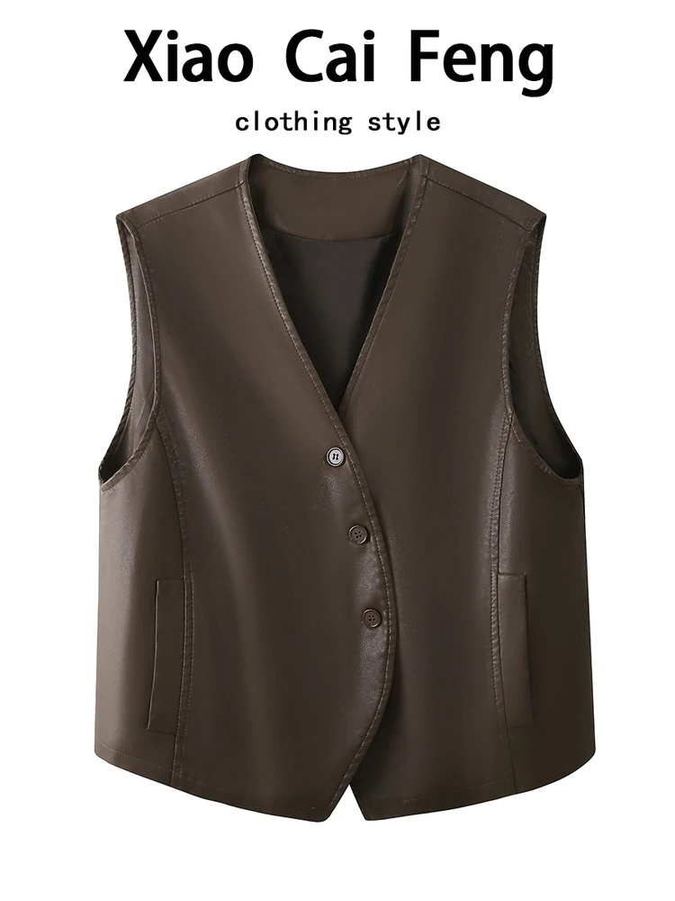 

Retro PU Leather Vest ort Sve Outerwear Top Trendy Layering Piece Versatile Faionable V-Ne Women's Jaet