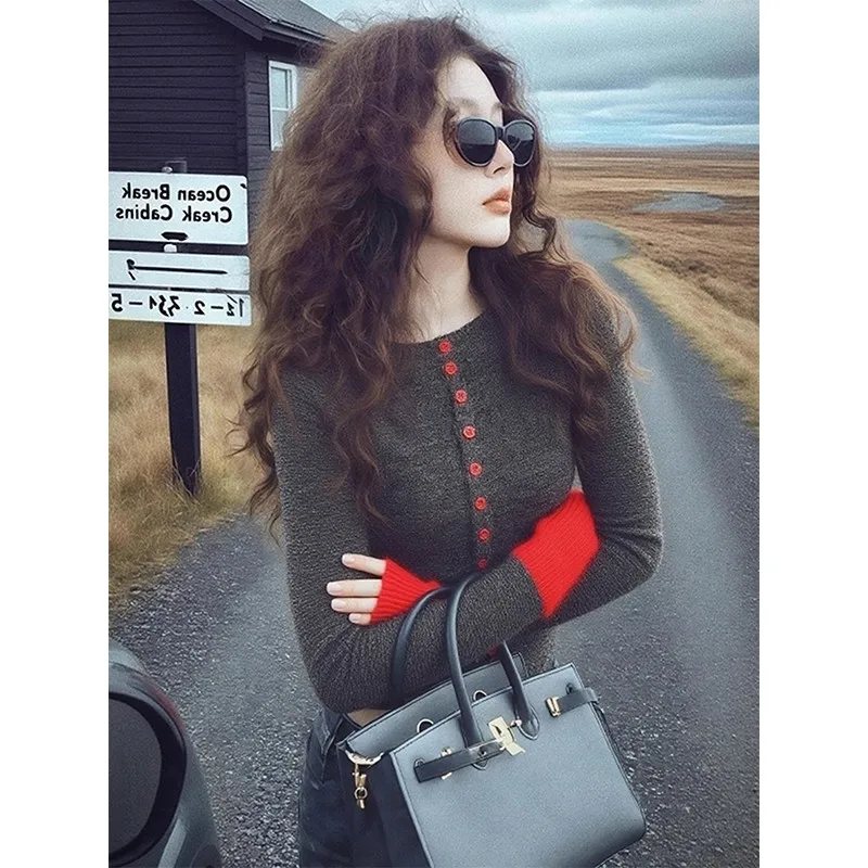 

Осенне-зимний цветной трикотажный кардиган с длинным рукавом для женщин, уникальный утягивающий базовый слой из полиэфирного волокна