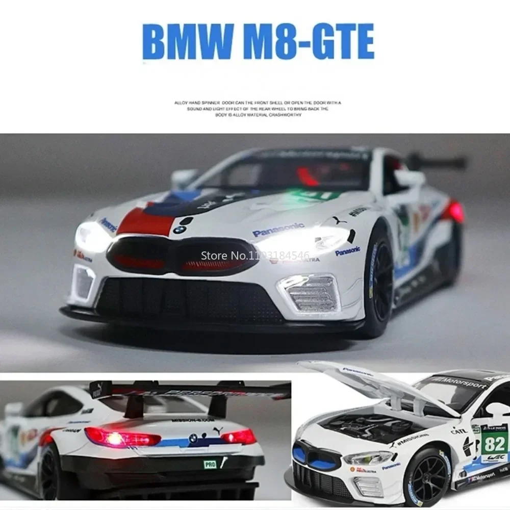 Scala 1:32 BMW M8 GTE Giocattoli Modello di auto da corsa Simulazione Suono e luce Pressofuso in metallo 3 porte aperte Tirare indietro Veicolo per