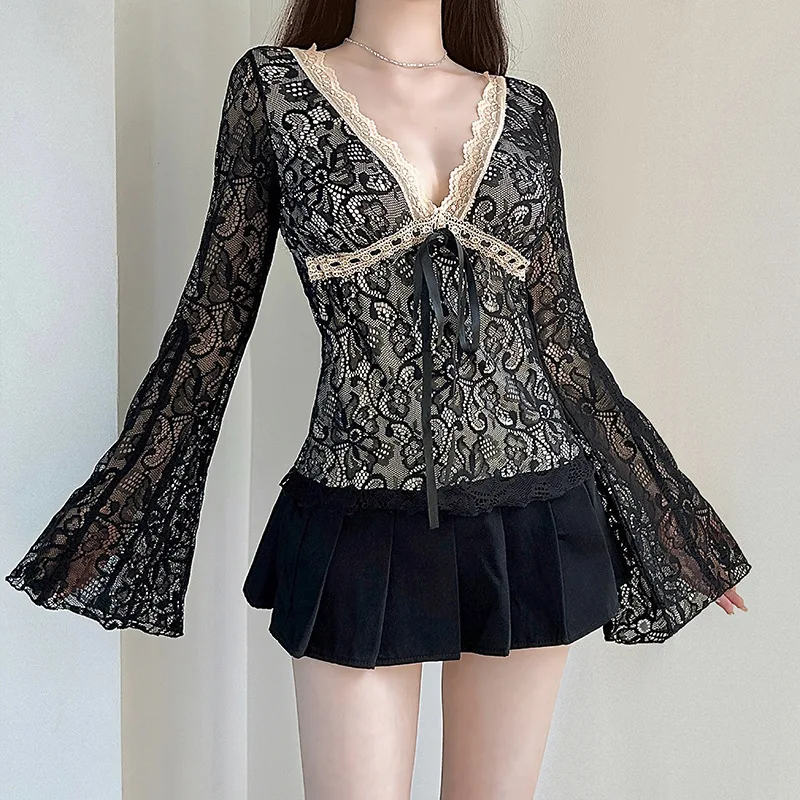 

Zeyla Light Mature Elegant Wave Lace Deep V Jacquard Flared Sleeve Tie Front Slimming Top Flattering for Women Party Daily Wear