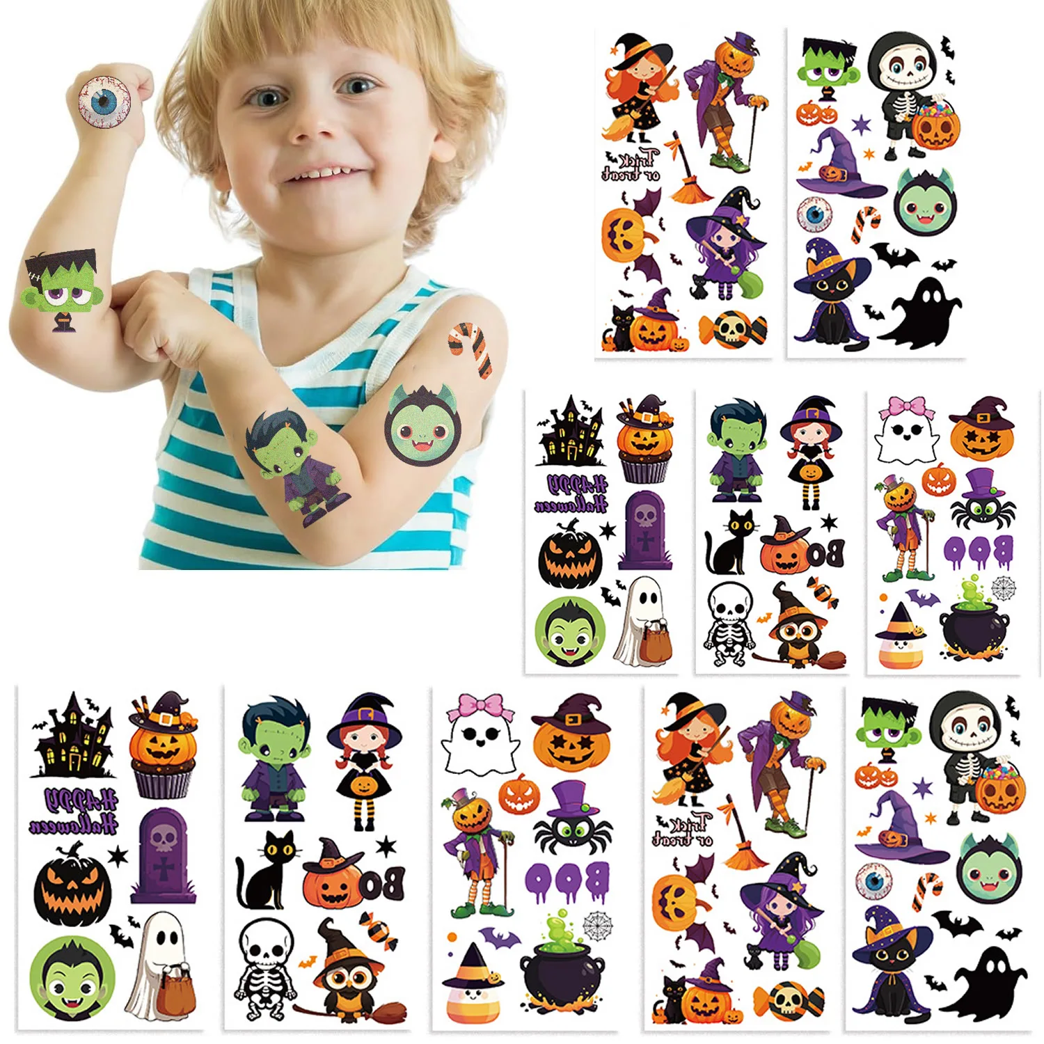10 stks/pak Halloween Tattoo Stickers Horror Lippen Vleermuis Pompoen Snoep Funny Kids Tattoos Tijdelijke Sticker Waterdicht Jongens Cadeau Speelgoed