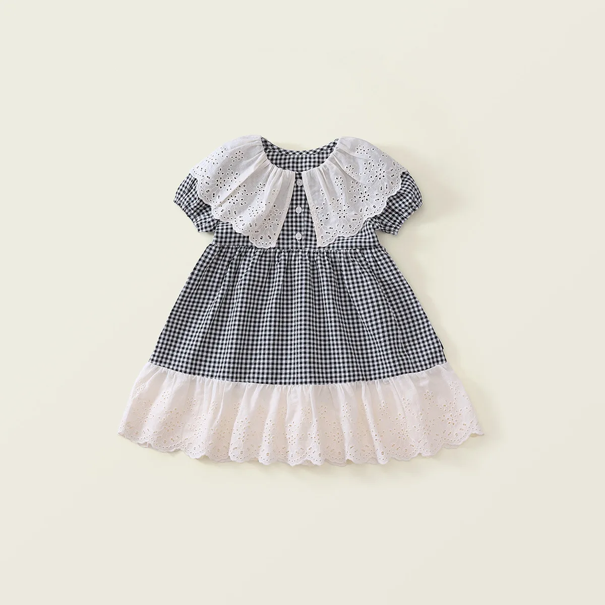 Summer Lace Splicing Plaid Grils Dress British Girls Retro Doll Collar Fashion Short Sleeve Long Dress Party Dress for Kids Girl