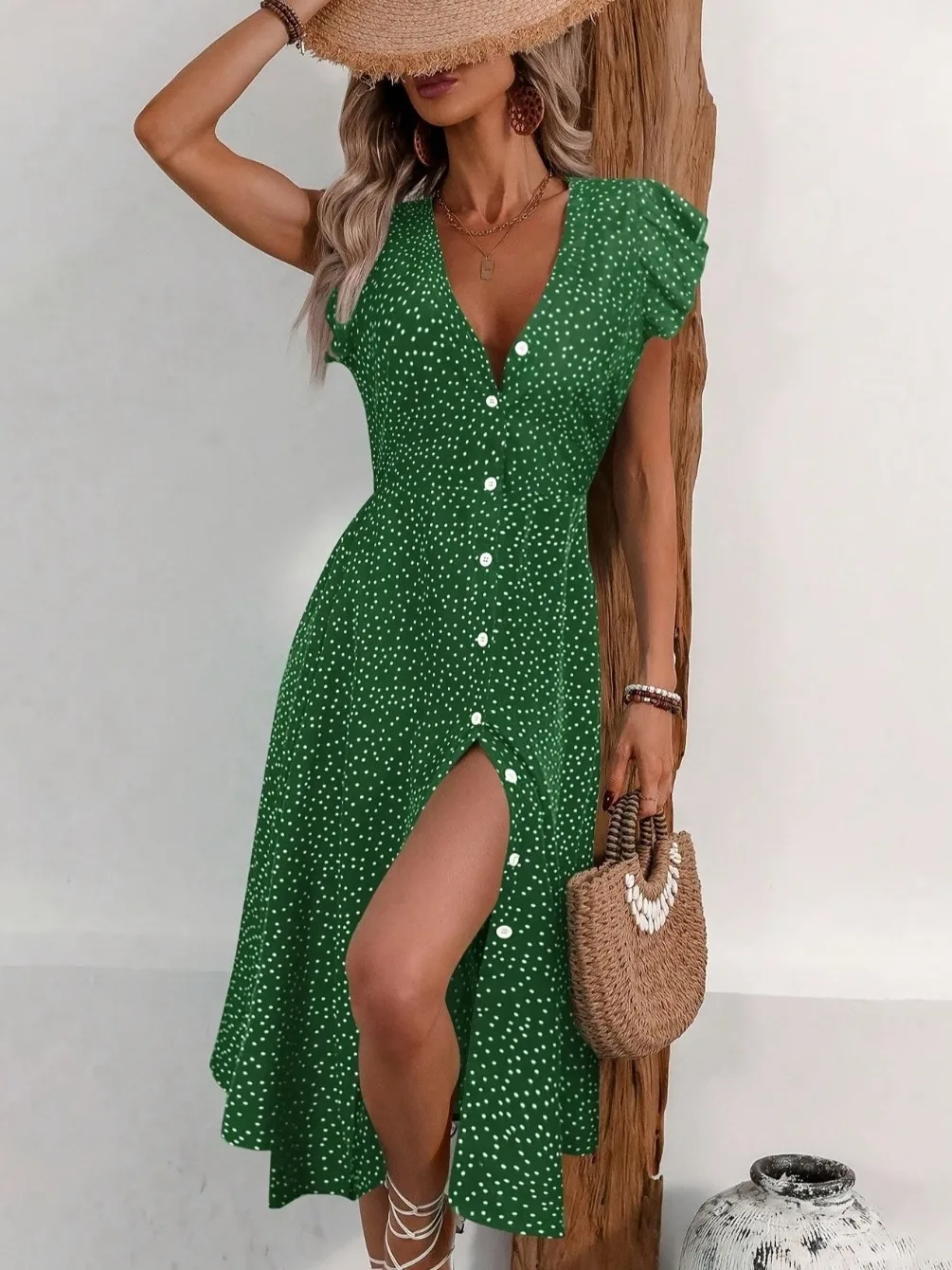 Faionable V-Ne Floral Print ort Sve Midi Dr Button Detail Saumrock Weiche, bequeme Polyesterfaser l W...