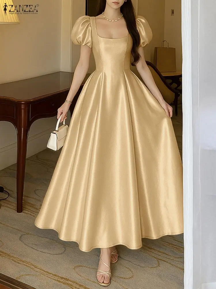 ZANZEA Damskie Sukienki Satynowe na Wesele, Eleganckie i Stylowe, z Kwadratowym Dekoltem, Krótkim Bufiastym Rękawem, Dopasowana Talia, Krój A-Line, Sukienka na Przyjęcie, Rozmiary S-3XL