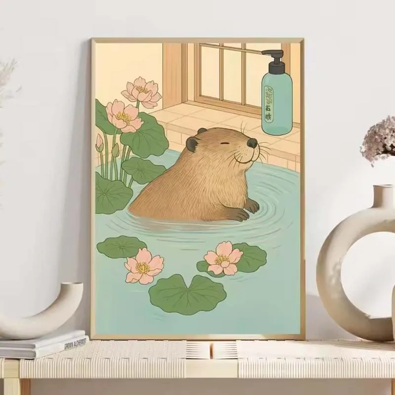 حيوانات لطيفة في ملصقات الدش على الطراز الياباني عمل فني مريح يطبع ملتوية للحمام من القماش صور جدارية لديكور المنزل والحمام