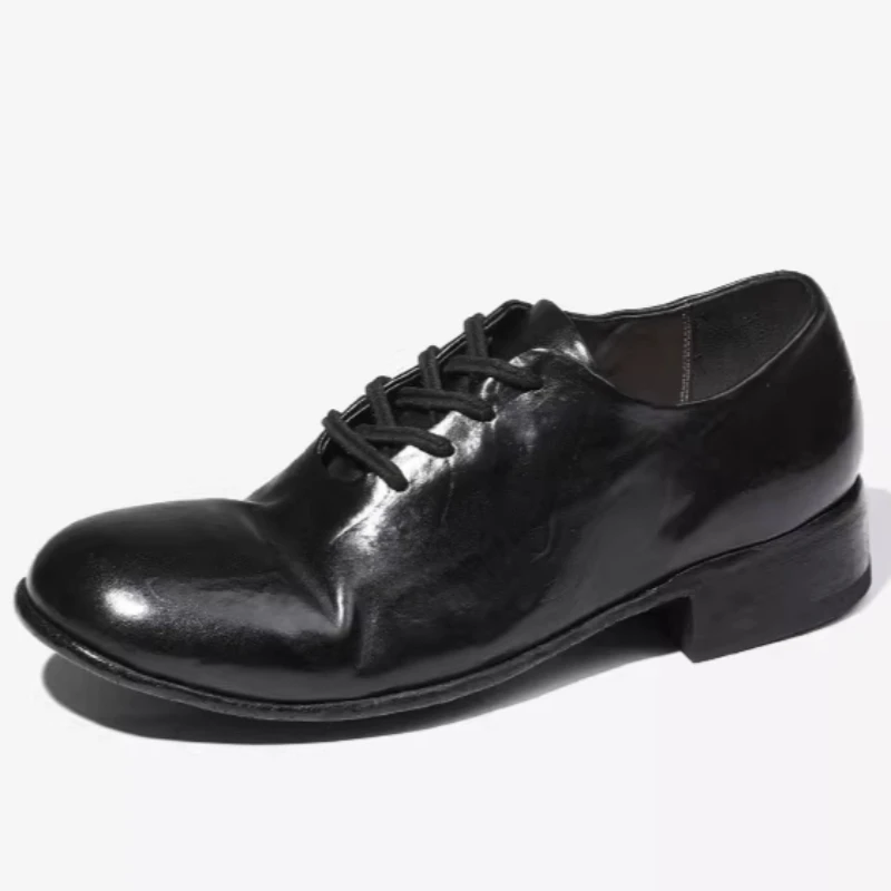Men's Dress Shoes Horsehide Breathable Comfortable Goodyear Height Increasing Shoe Retro Hand-sewn Horse Leather Derby Shoes for