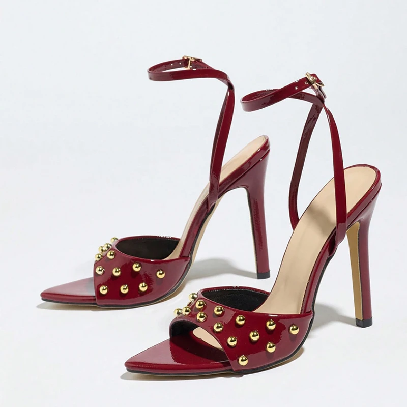 Metal Rivet Design Heeled Sandals for Women Sexy Open Toe Buckle Strap High Heels Elegant Wedding Bridal Designer Shoe Sandalias