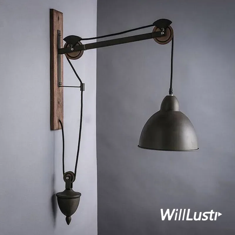 Nostalgic Long Arm Metal Wall Lamp Retro Industrial Iron Creative Rope Wood Sconce Hotel Bar Store Loft Living Bedroom Lighting