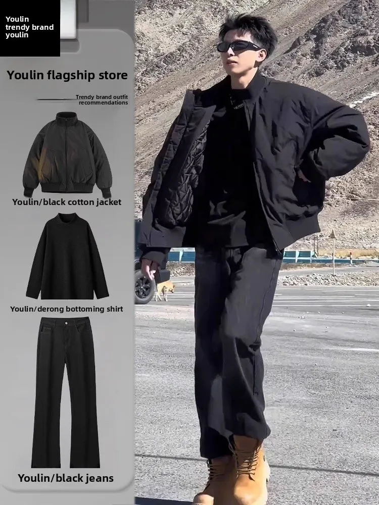 

Bla American Sle Flight Jaet Cotton Winter Men's Cool And Haome Outfit Set Thiened Stand Collar Baseball Coat