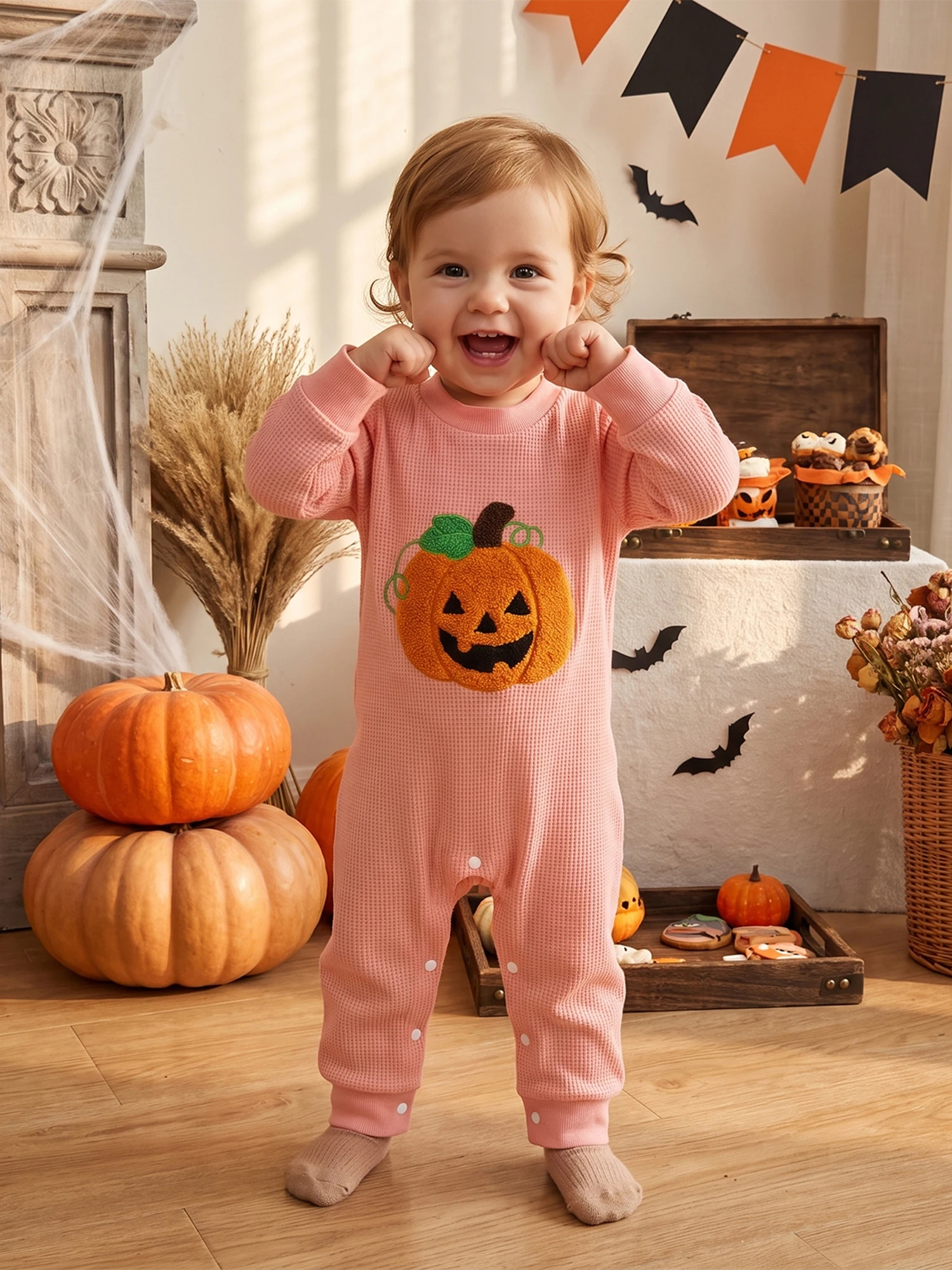 Jumpsuit Sleeve Pumpkin Embroidery Pumpkin Embroidery Halloween Waffle Romper Embroidery Girls Halloween