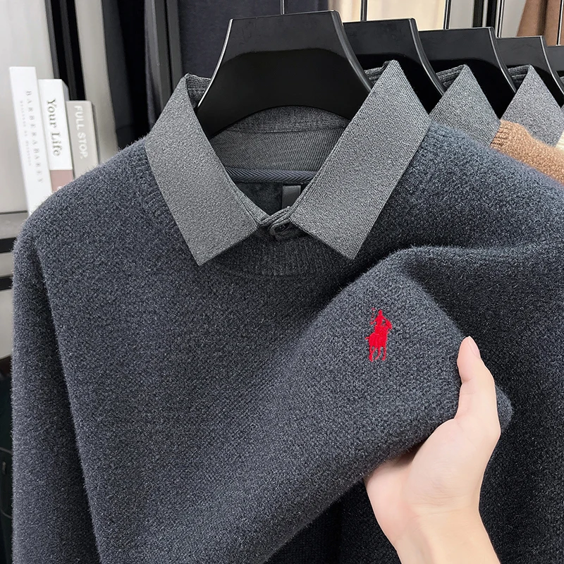 High End Velvet Winter Sweater Luxury Brand Classic Paul Pony Embroidery Men's Shirt Collar Warm Thick Casual Knitted Pullover