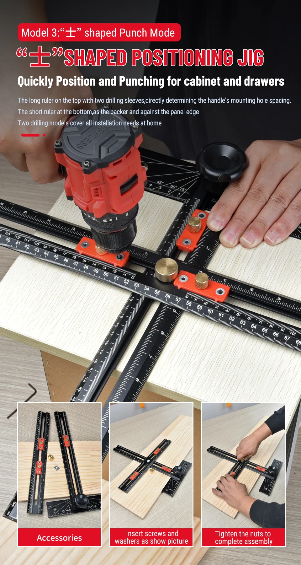 Holzbearbeitungs-T-Winkellineal mit automatischer Klemmung, Positionierlineal, Bohrlochmarkierungslehre, Winkellineal, T-förmiges Lineal für Schreiner – Detail 9