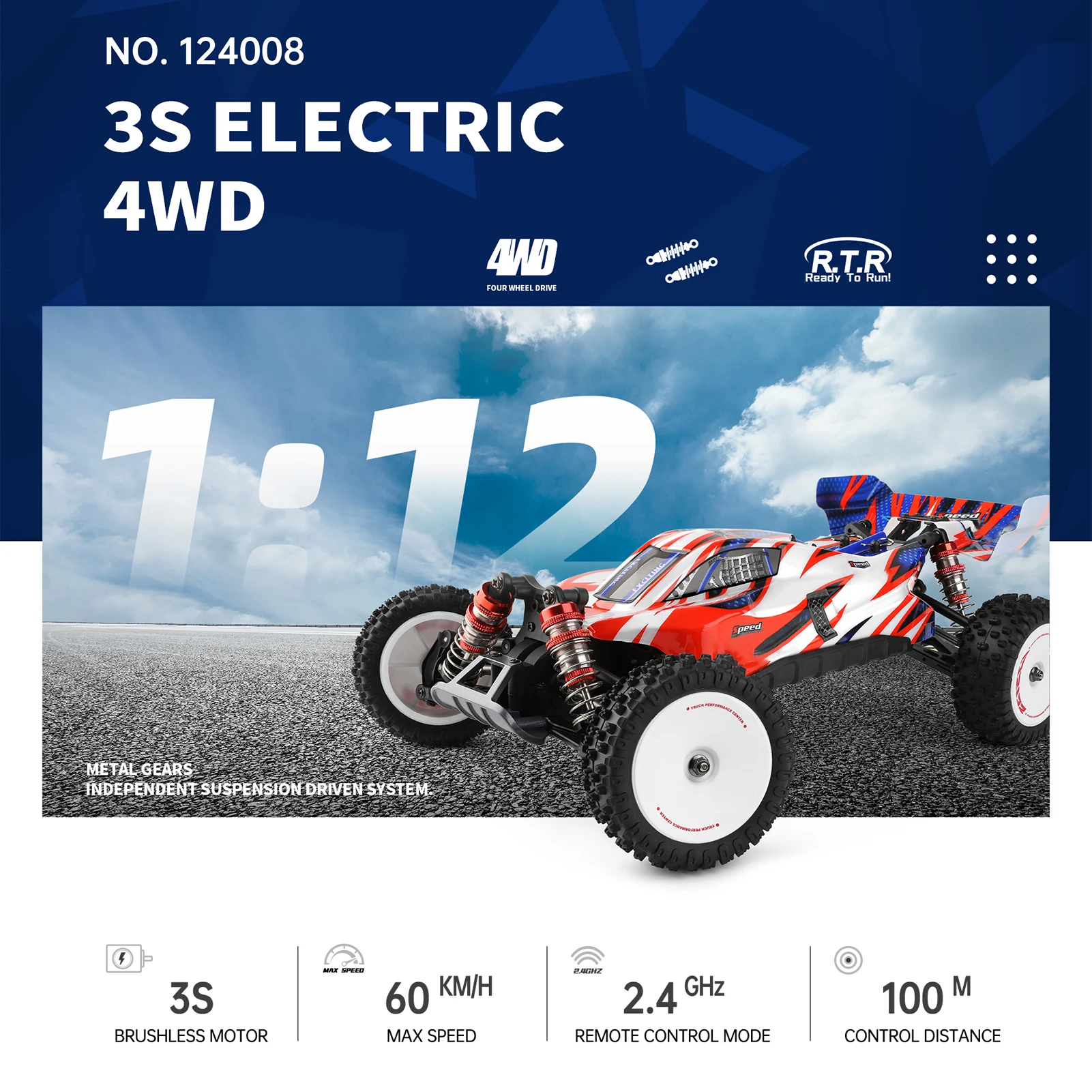 124008 Remote Control Car 1/12 2.4GHz 60KM/H High Speed Off Road Car Brushless 4WD Vehicle 11.1V 2000mAh Gifts for Kids Adults