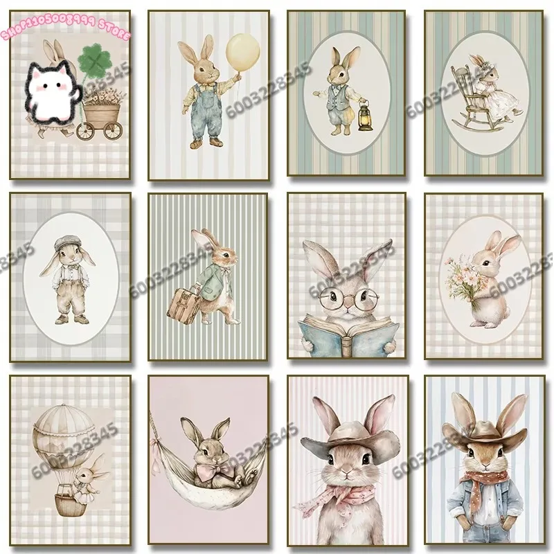 1PC Frameless Cute Rabbit Reading A Book Illustration Poster Retro Rabbit Canvas Painting Printing Farmhouse Room Decor
