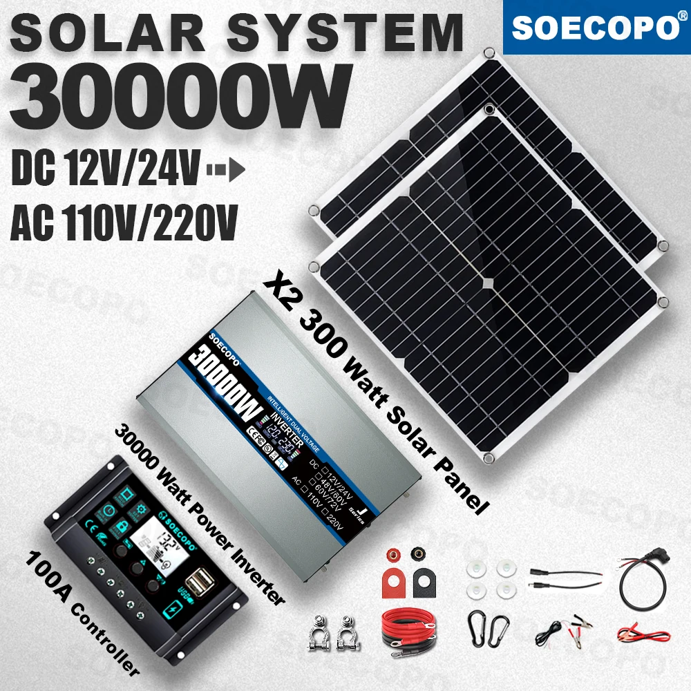 SOECOPO 30000W Peak Solar Kit 2 Panels 100A Controller 12V/24V DC To 110V 220V AC Inverter Rade 2200W for RV Boat Emergency Use