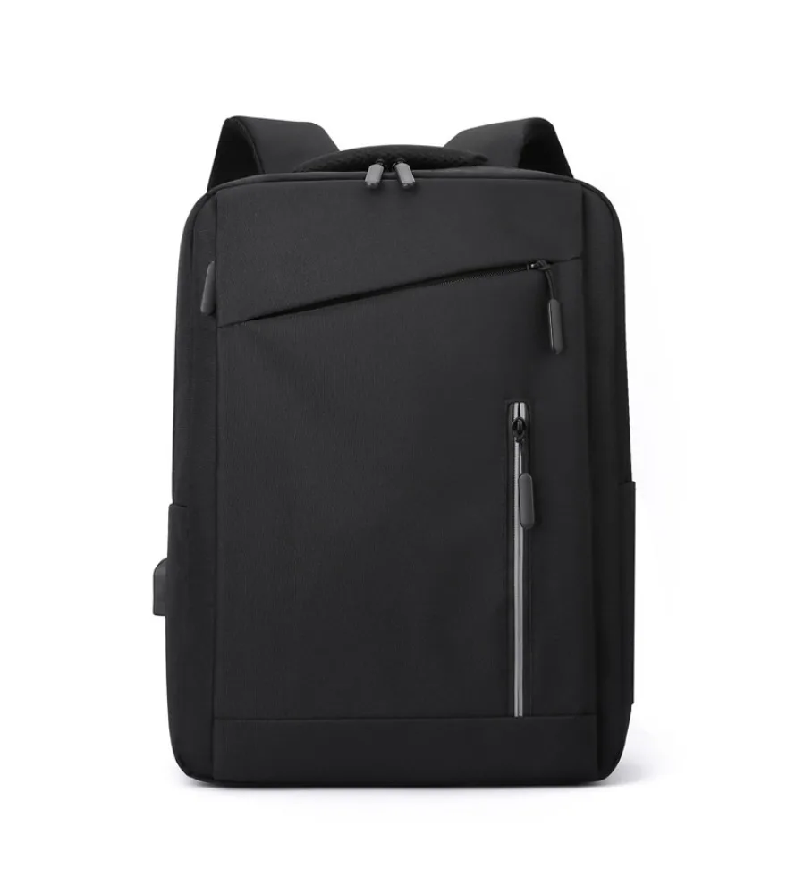 Navy linen texture backpack with diagonal front pocket vertical side reflective zipper anti wear padded straps for business