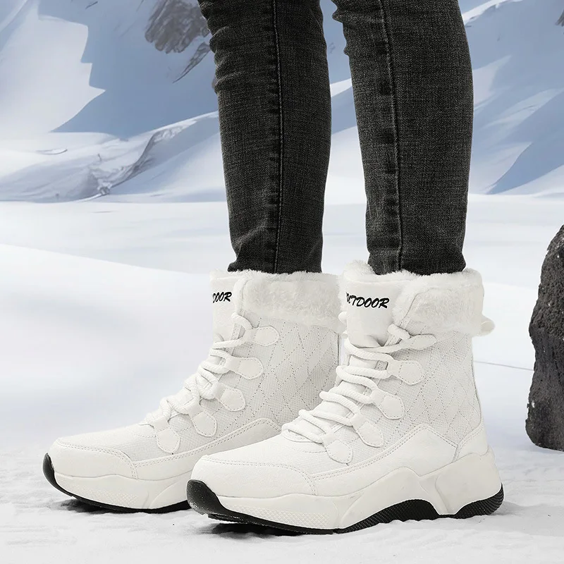 Large Size 36-42 Snow Boots Women Lace-up Waterproof Mid-Calf Boots Outdoor White Warm Winter Shoes Plush Fashion Hiking Shoes