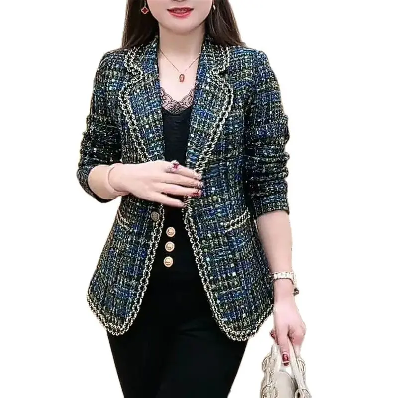 

Fashion Coarse Tweed Woolen Suit Jacket 2024 New Spring Autumn Jacket Tops Blue Black Casual Slim Women's Coat Outerwear 4XL