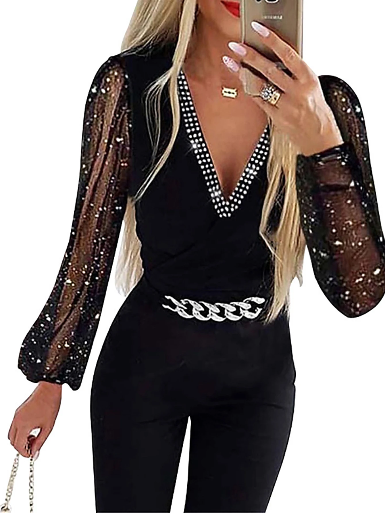 Casual passende jumpsuit met ronde hals, decoratieve elementen, afwezige stijl, klassieke lange broek, damesmodetrend