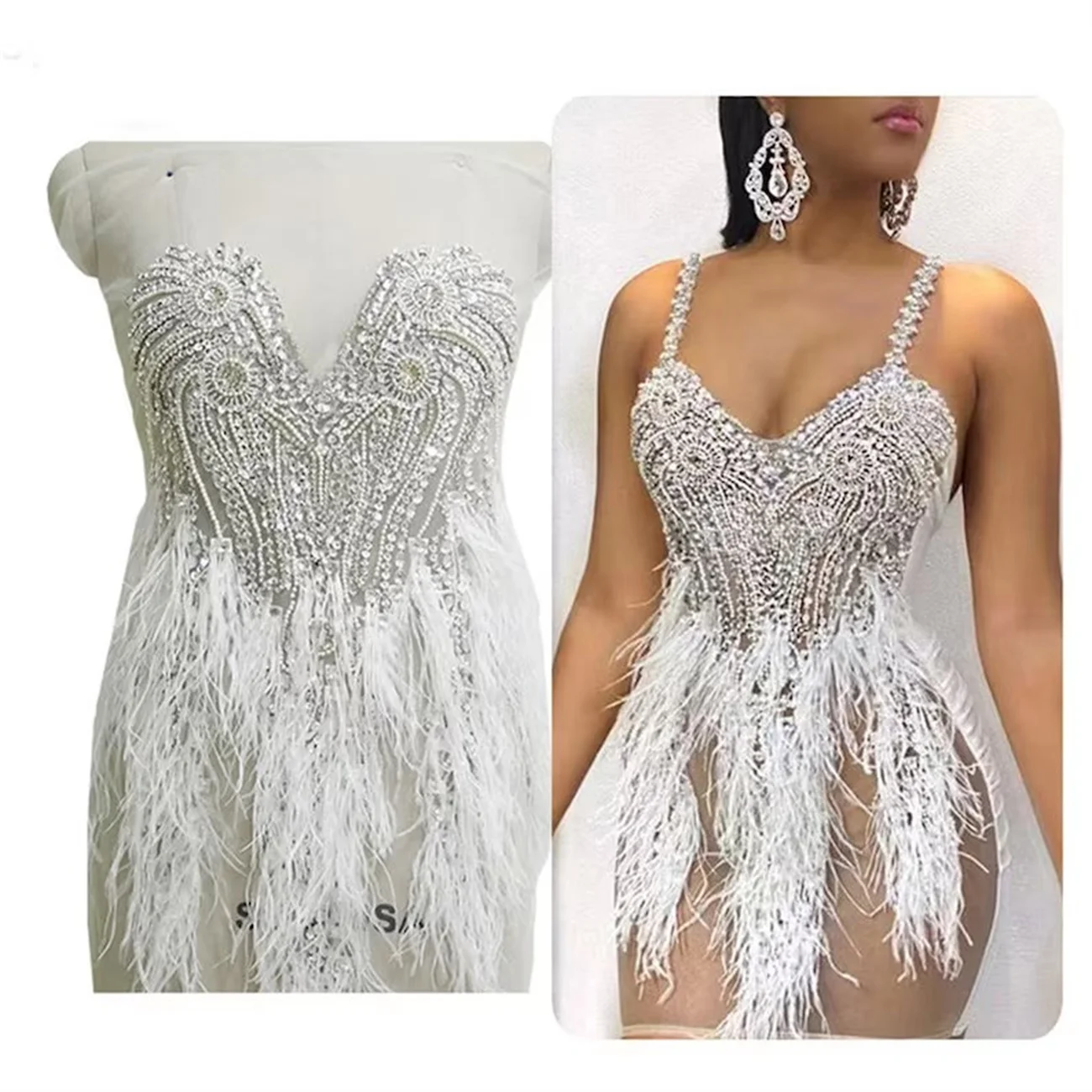 White Feather Cocktail Dress Suspender Mini Prom Party Gown Gorgeous Crystal Diamond Premium Sexy New Style 2023