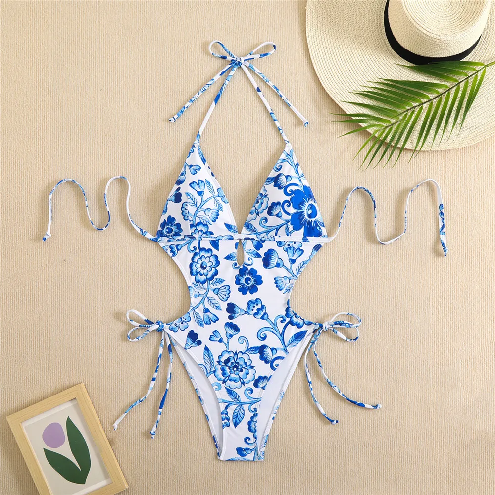 Vintage Blue Floral Print Swimwear String Halter Backless Sexy Swimsiut Women One Piece Hollow Out Monokini 2026 Bathing Suit view 4