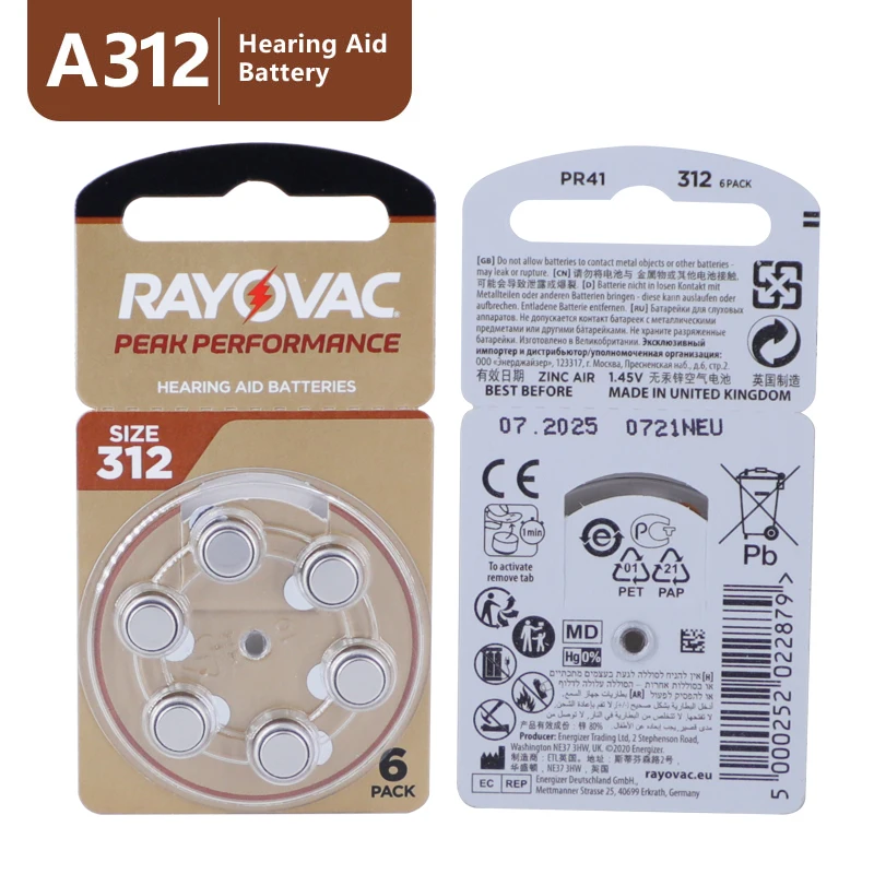 120PCS Hearing Aid Batteries RAYOVAC PEAK 1.45V 312 312A A312 PR41 Zinc Air Battery For BTE CIC RIC OE Hearing Aids