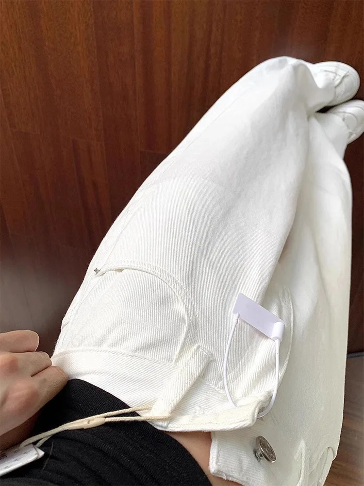 Loose Fit High Waist Wide Leg Jeans Women's Slim Sle White Denim Pants Autumn New Street Sle Lazy Slimming Floor-Length