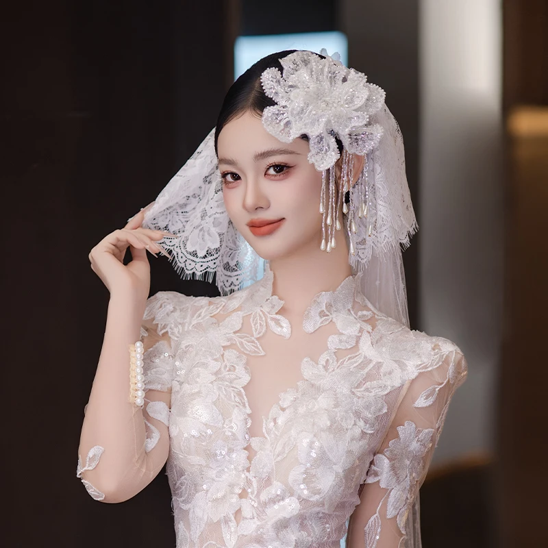 

Bridal wedding headdress, handmade heavy lace flower tassel long double layer veil wedding dress stunning accessories