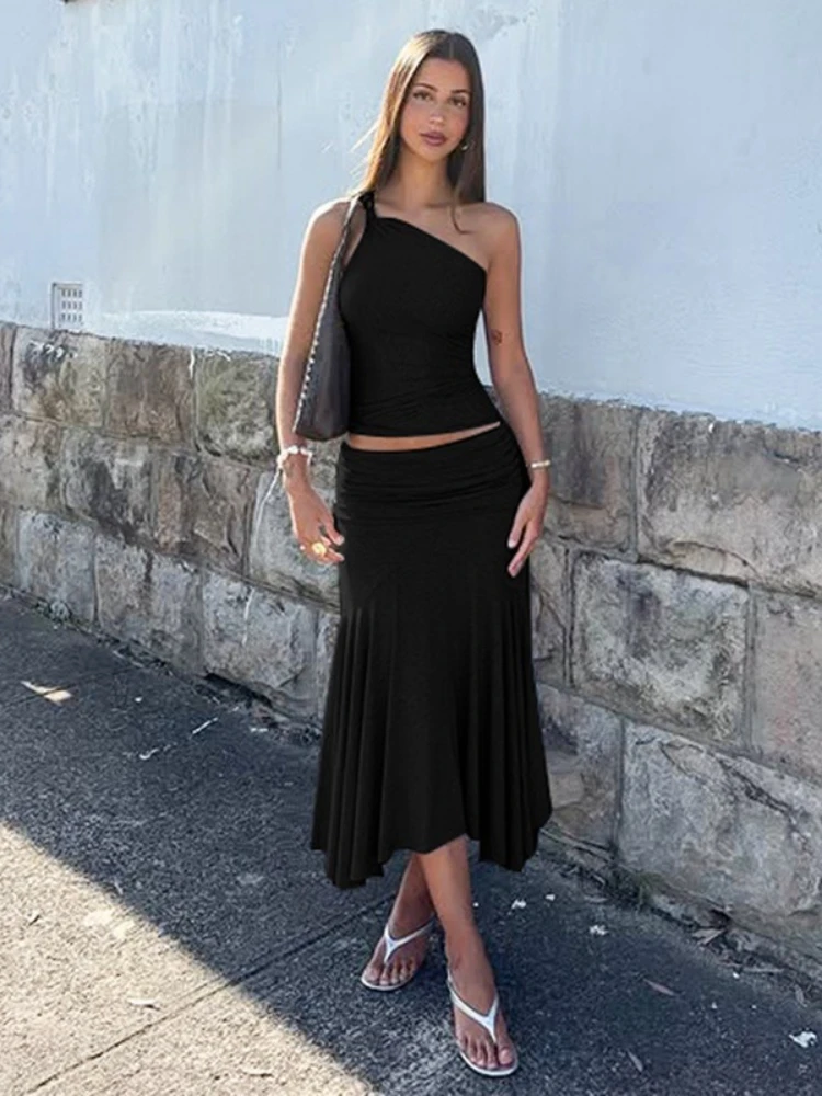 

Leosoxs Fashion Pleated 2 Piece-Set Long Skirt for Women Off-Shoulder Cropped Pullover Top + Slim Long Skirt Sets Female Outfits