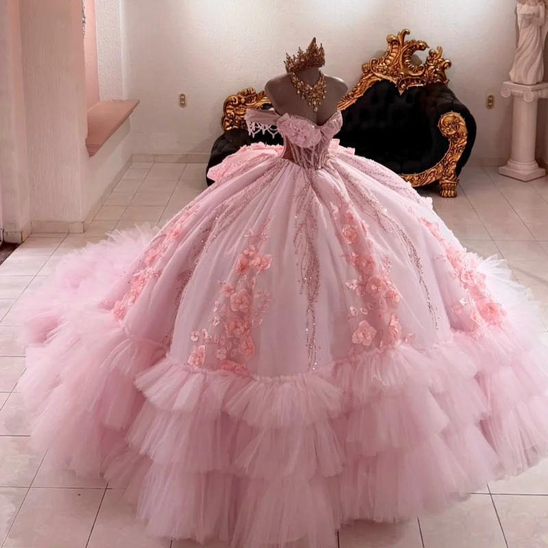 Pink Quinceanera Dress Beads Crystal 3D Flower Decal Long tail off-shoulder Layering Bow Vestidos De 15 Quinceanera Customize