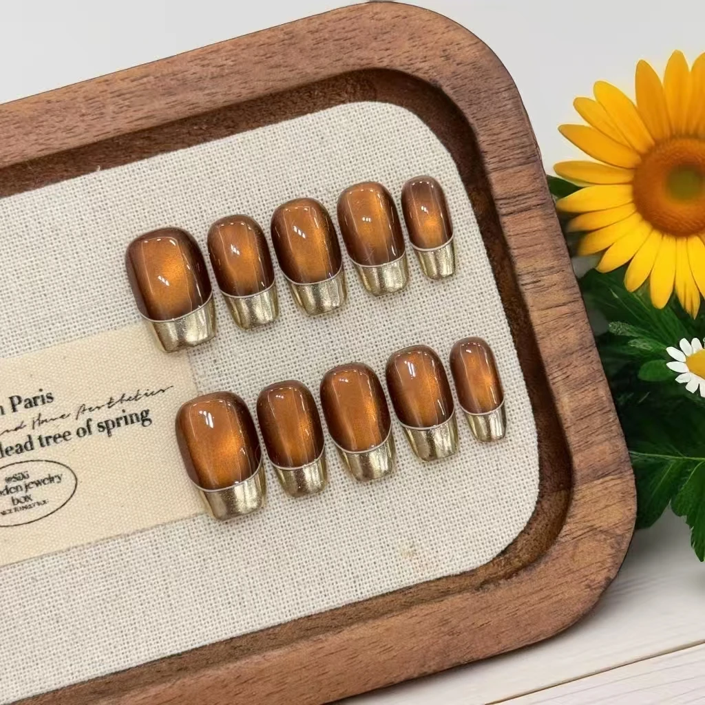 10 Pcs Luxury Hand Pressed Nails Center Square Caramel Cat Eye DesignWith 4-PIECE Tools  Super-Strong Nail Adhesive Tabs