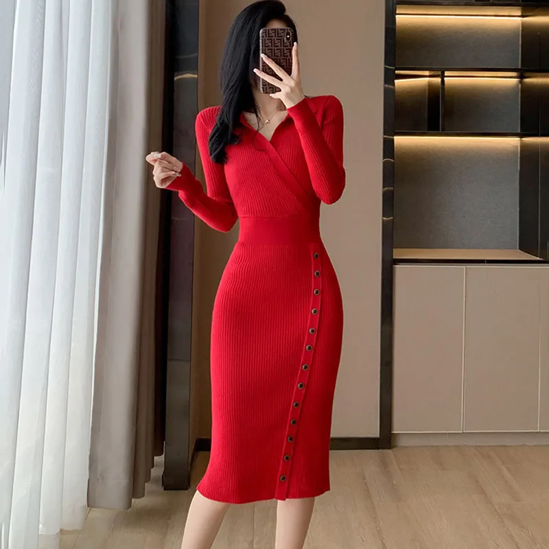 2025 Abito longuette lavorato a maglia con scollo a V moda femminile elegante abito aderente aderente in vita donna autunno inverno abiti maglione dimagrante