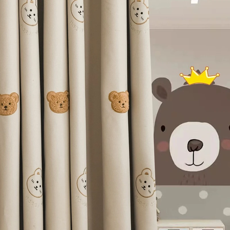 Korean Cartoon Brown Plush Bear Embroidered Curtains Beige High Grade Childrens Curtain For Boy and Girls Room Baby Room Nursery