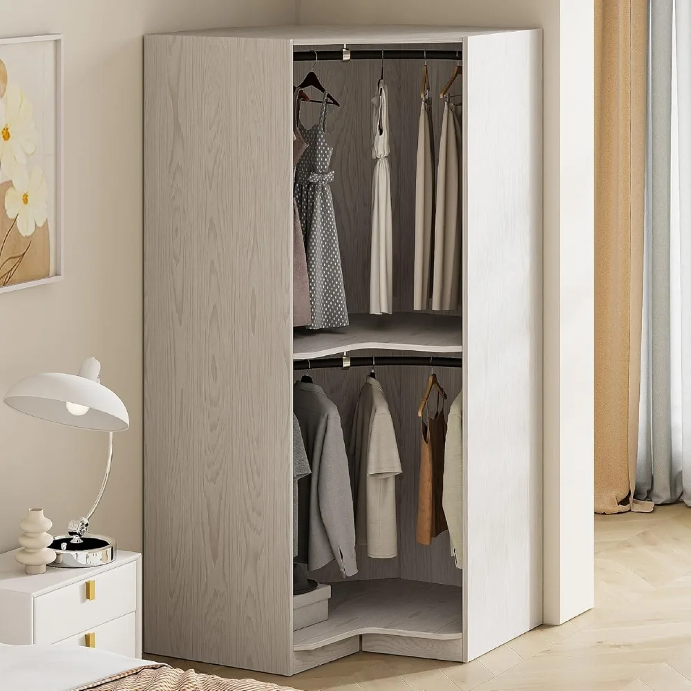 Corner Wardrobe Closet Organizer with 2 Hanging Rails & Shelves, Open Style Clothes Storage Cabinet for Bedroom