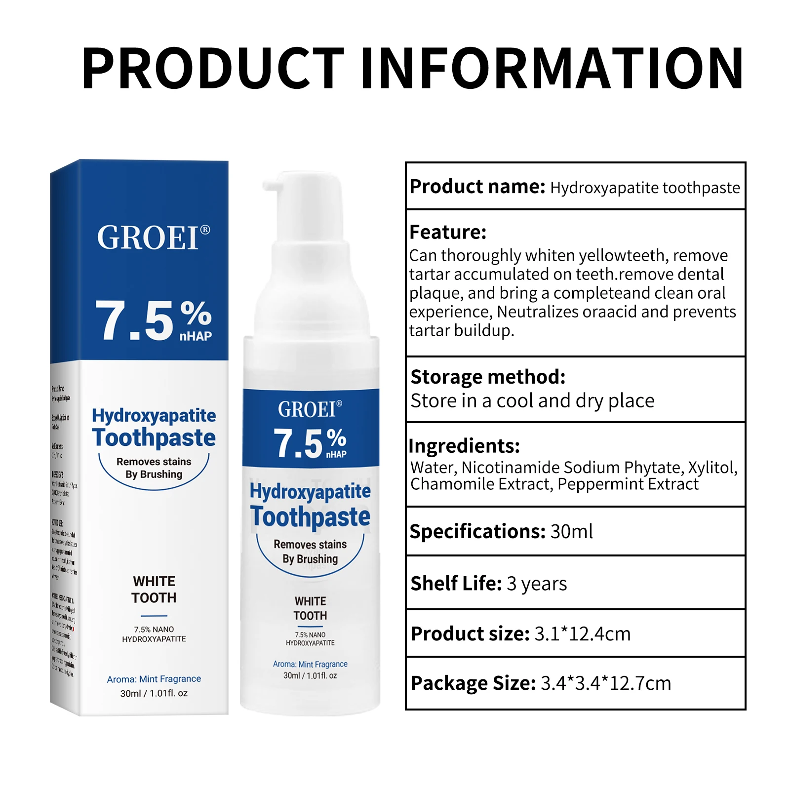 

7,5% гидроксипастита, зубная паста, ручка, отбеливание зубов, удаление пятен, мягкая чистка зубов, пятно кофе, уход за полостью рта, свежее дыхание, уход за зубами