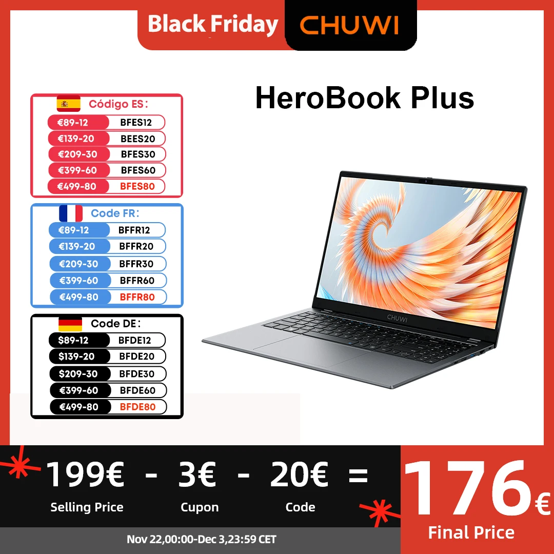 CHUWI HeroBook Plus Laptop 15.6 Inch 16:9 FHD Screen PC Intel Celeron N4020 8GB DDR4 256GB SSD Windows 11 Extra Storage Up To 1T