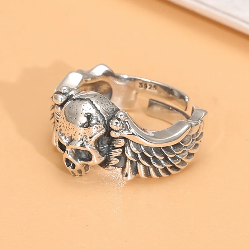 S925 silver skull wings ring men's trendy vintage silver jewelry punk personalized Hip Hop nightclub ring