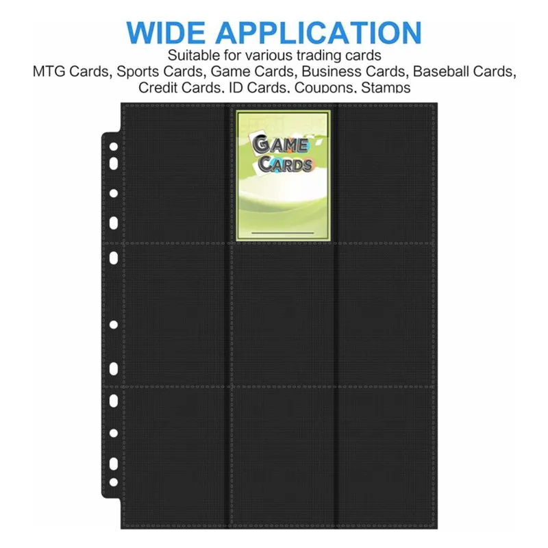 20PCS 9 Pockets Pages Protector Cards Game BaseballCards Binder Black 11 Holes Double-Sided Card Sleeves Album Binder Sheets