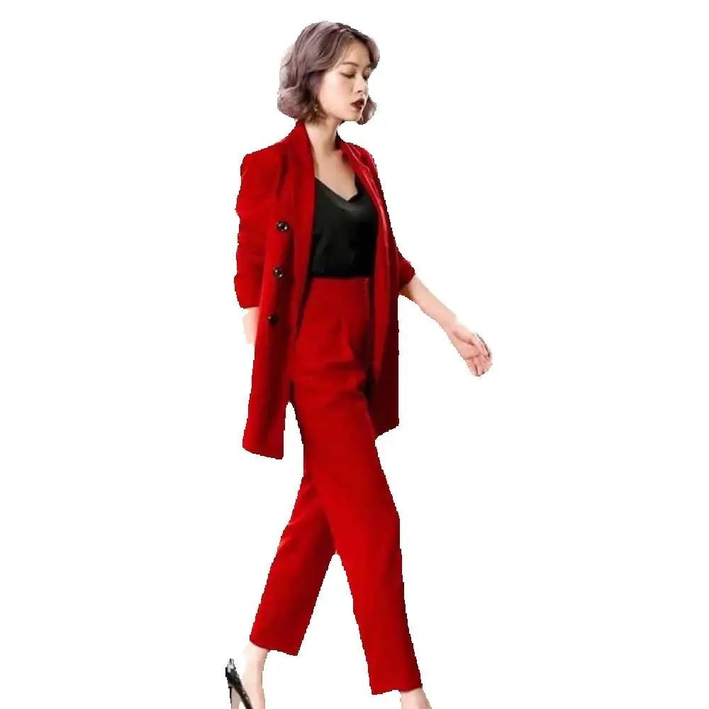 Moda chique vermelho ternos femininos notch lapela 2 peças jaqueta calças roupas femininas senhora inteligente escritório banquete blazers conjuntos