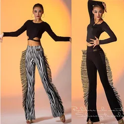 Cheap fringe ballroom Latin pants trousers zebra print black W21D135