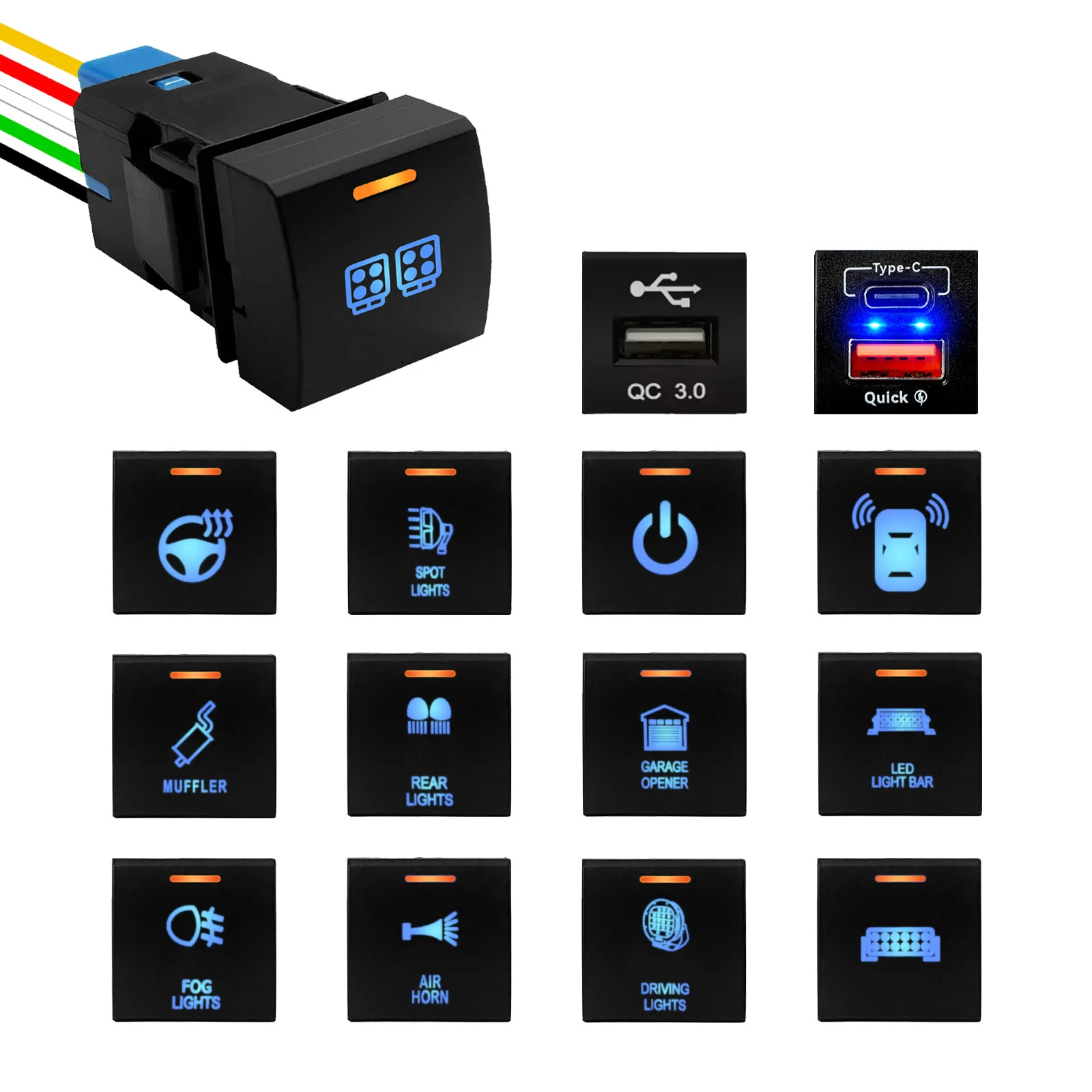 Botão de Aquecimento de Volante 12V USB 22x22mm para Painel de Carro Toyota Camry Hiace Corolla RAV4 LandCruiser Prado Série 150