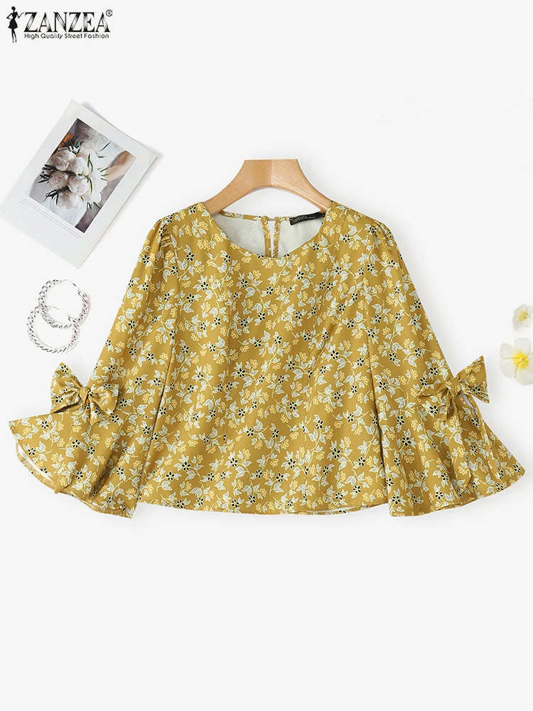 

Stylish Printed Tops Women Bow Blouse Elegant Blusas ZANZRA 2025 Spring Vintage 3/4 Flare Sleeve Tunic Oversize Fashion Pullover