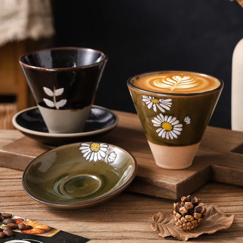 

Ceramic Coffee Cup Creative Cup and Saucer Set Japanese Tableware Retro Coarse Pottery Latte Gift Box Household Goods