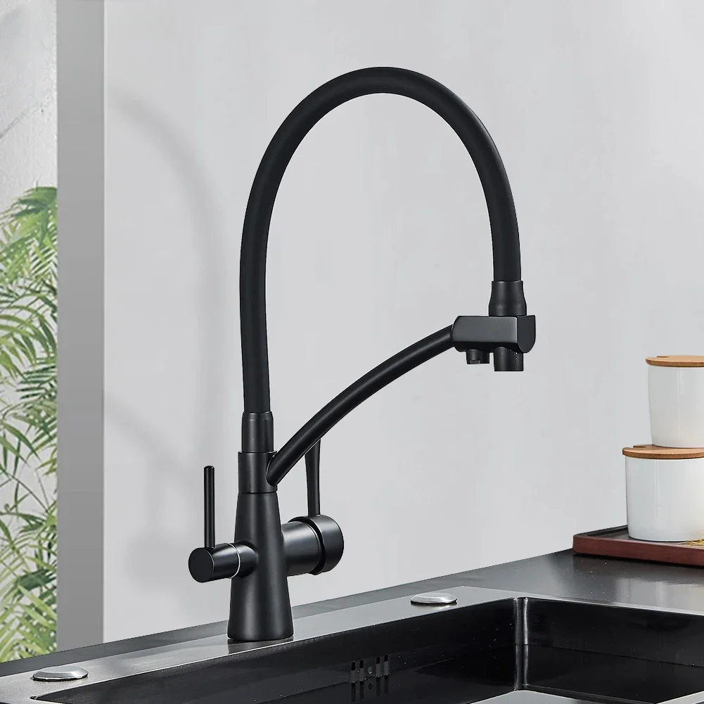 

rozin Filter Faucet 2 in 1 Black Pull Down Pure Water Sink Faucets for Kitchen Deck Swivel Hot Cold Mixer Tap