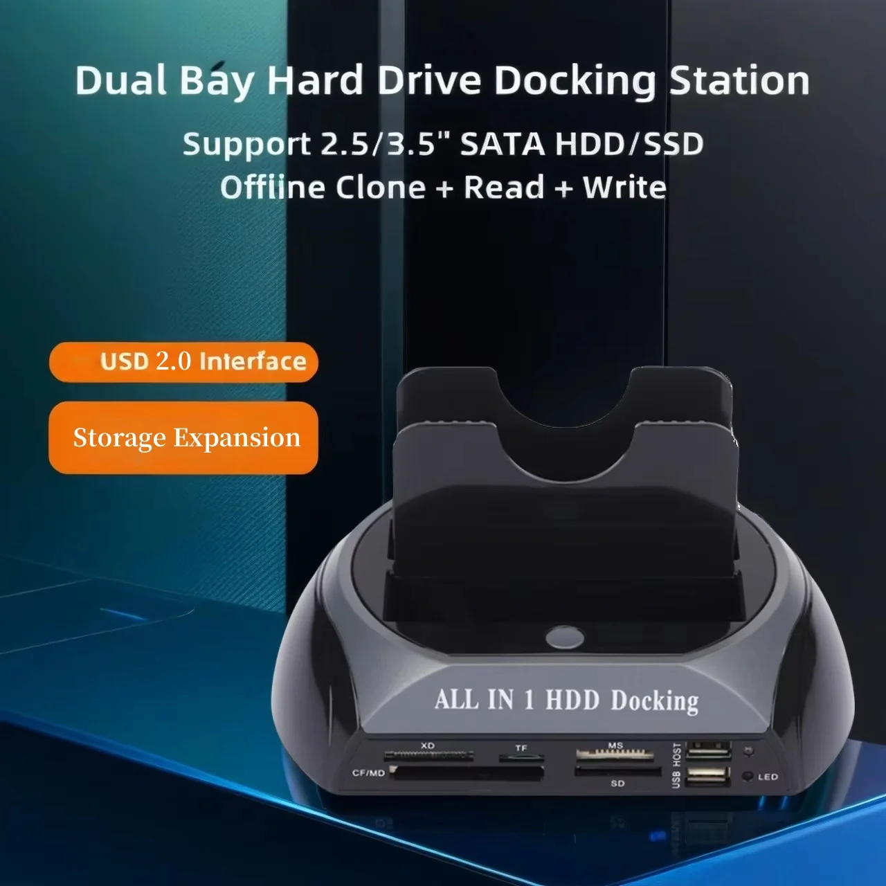 

Dual-Bay USB 2.0 Dock with Card Reader (IDE/SATA/eSATA), All-in-One Hard Drive Cloning for Easy Data Management