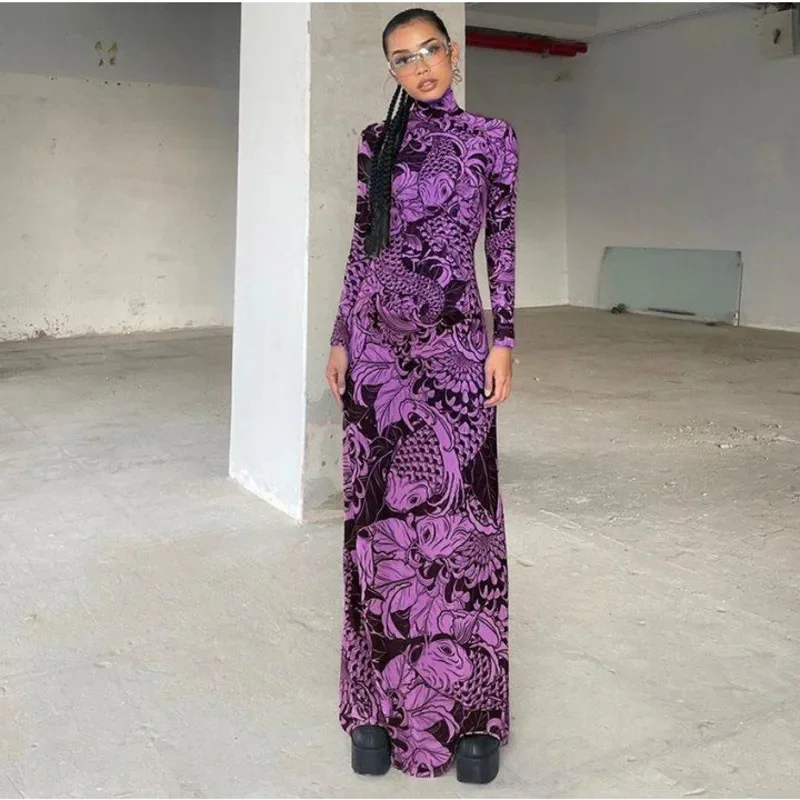Vintage Print Mesh Maxi Dress For Women 2025 Trendy Long Sleeve Slim Sheer Bodycon Gown With Stand Neck Elegant Party Outfit New
