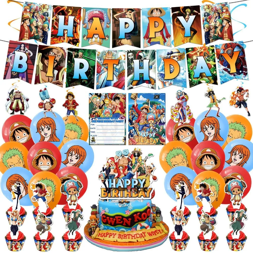 One Piece Anime Geburtstagsparty Dekorationsset Papierbanner Latexballons Tortendeko Hängende Wirbel Kinder-Event-Zubehör